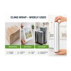 Cling wrap being used for packing, dust protection, and travel protection with a hand holding a roll of wrap.