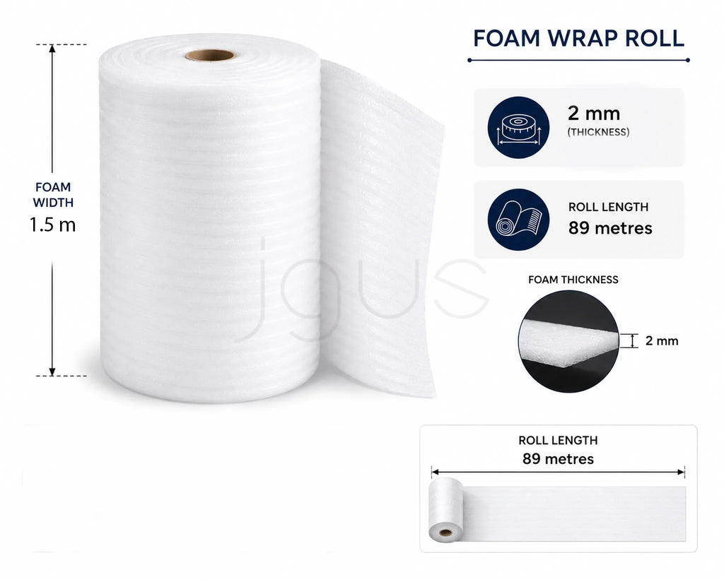 Roll of foam wrap with dimensions and specifications on a white background
