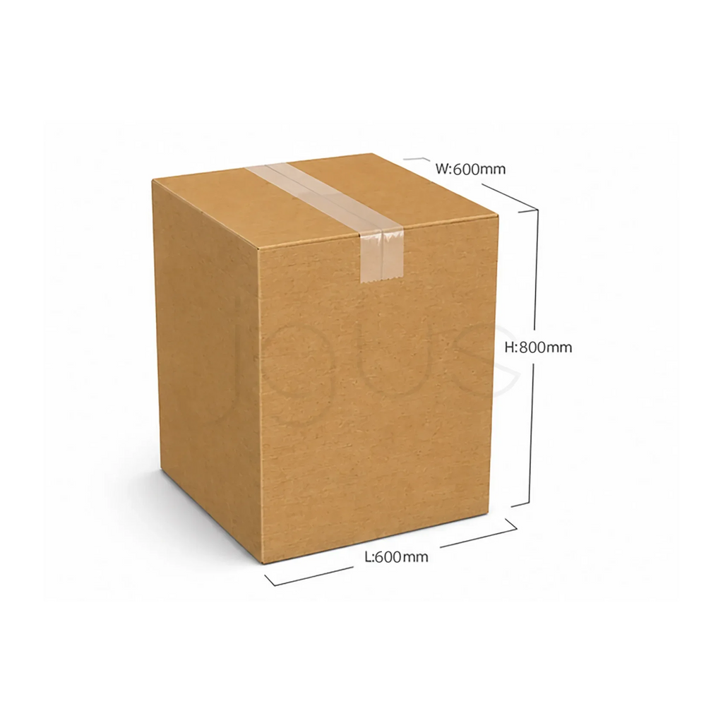 Brown cardboard box with dimensions labeled on a white background