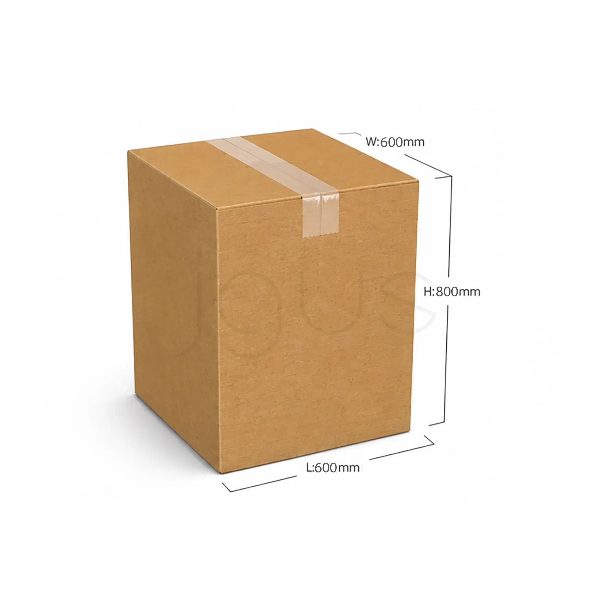 Brown cardboard box with dimensions labeled on a white background