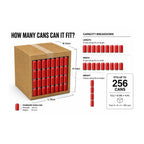 Diagram showing how many red cans fit into a cardboard box with dimensions and capacity breakdown.