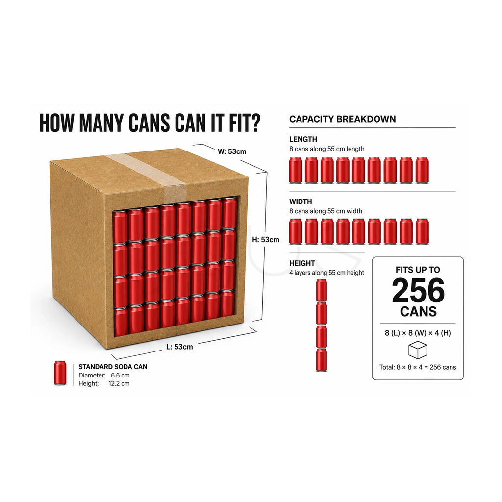 Diagram showing how many red cans fit into a cardboard box with dimensions and capacity breakdown.