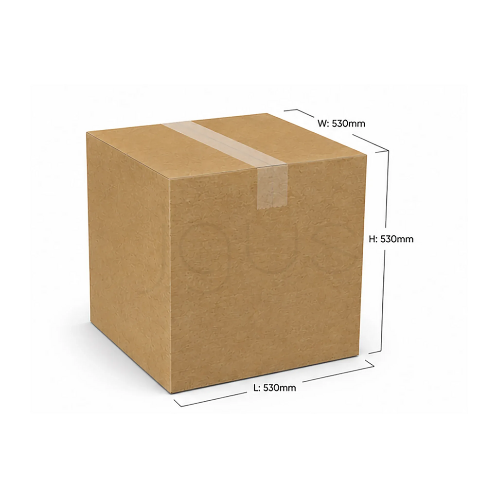 Brown cardboard box with dimensions labeled on a white background