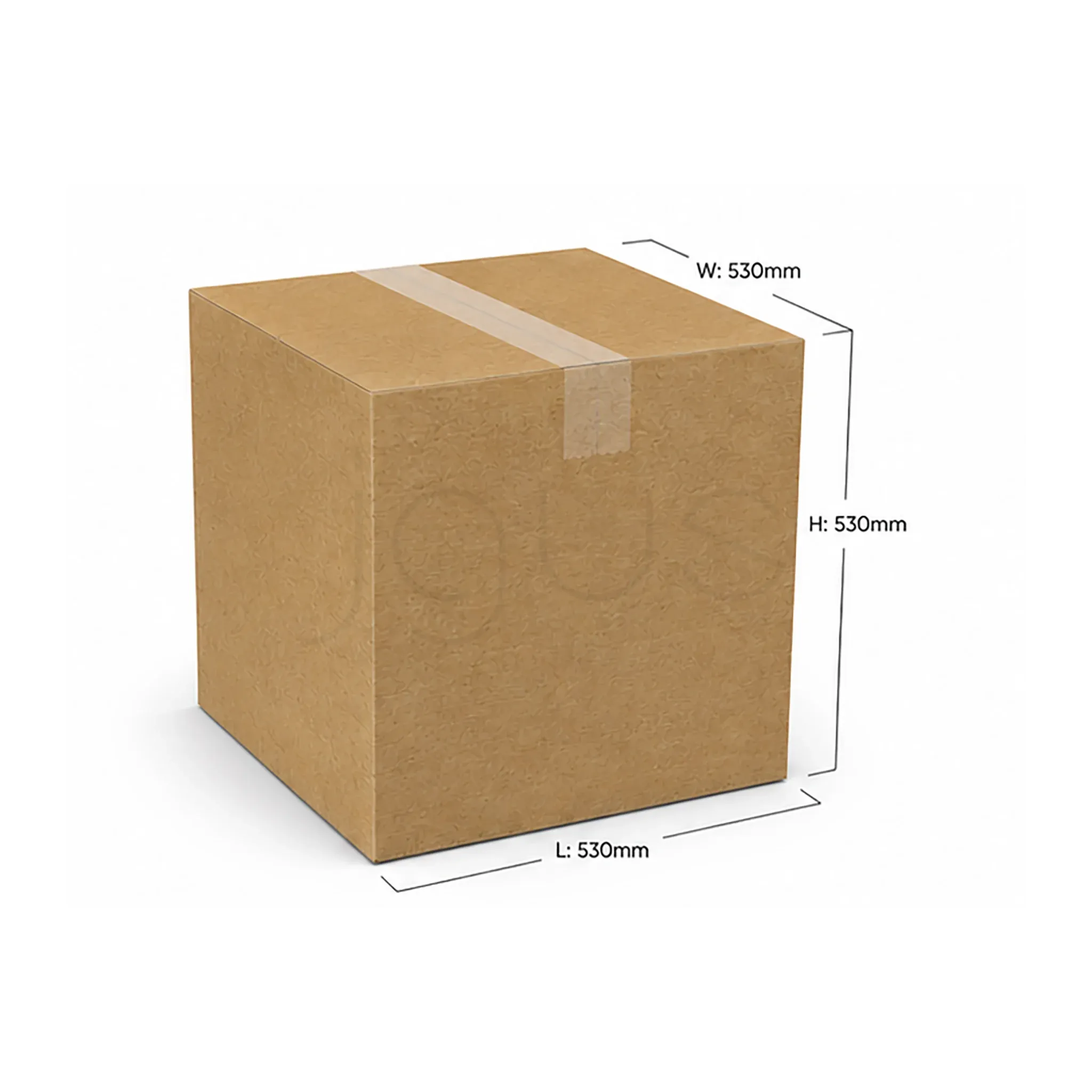 Brown cardboard box with dimensions labeled on a white background