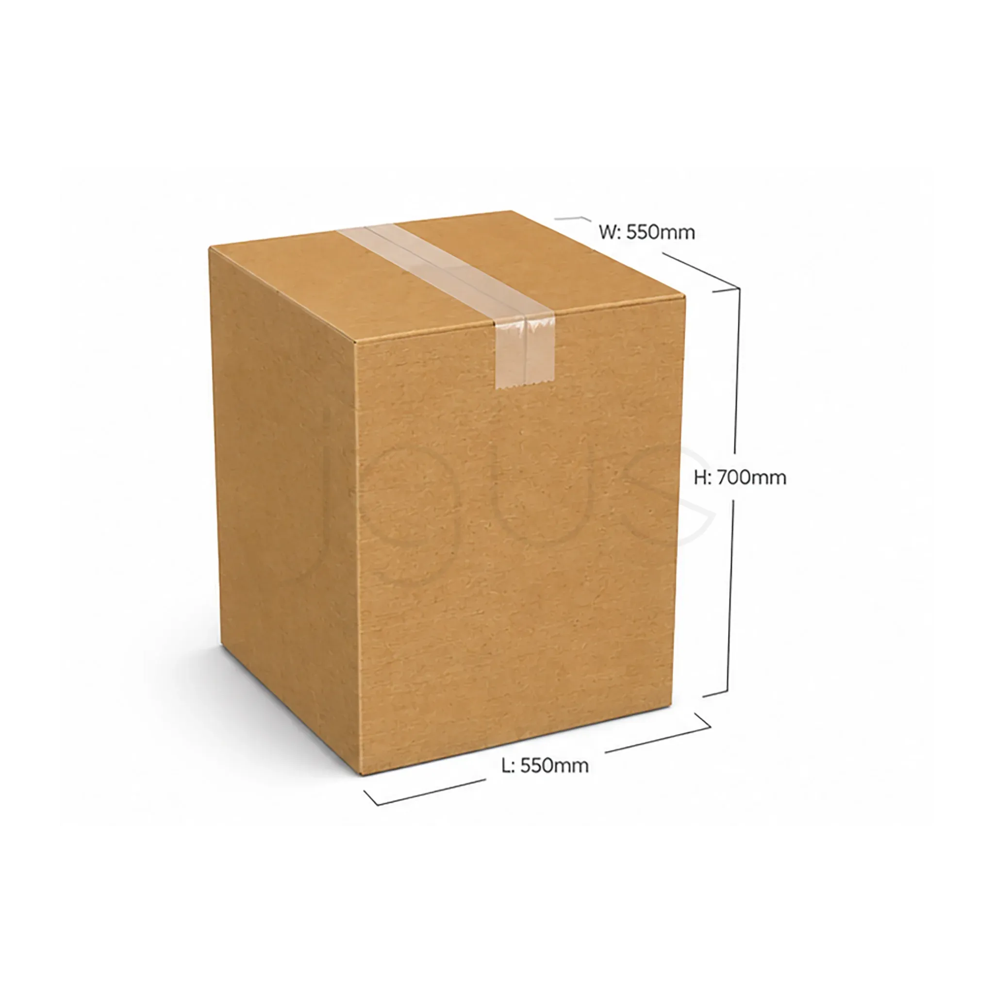 Brown cardboard box with dimensions labeled on a white background