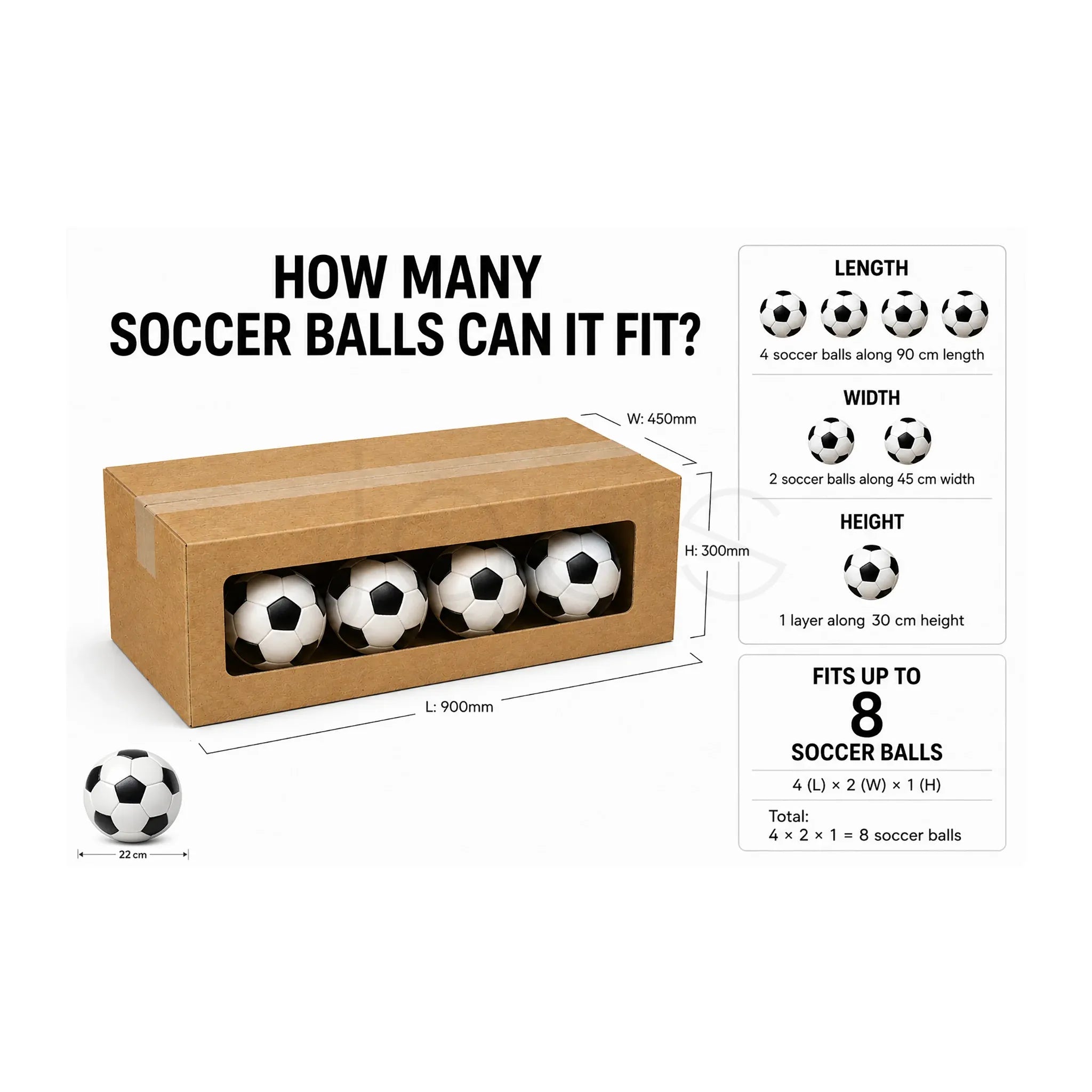 Cardboard box with soccer balls and dimensions on a white background