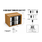 Cardboard box with tumbler dimensions and capacity chart on a white background
