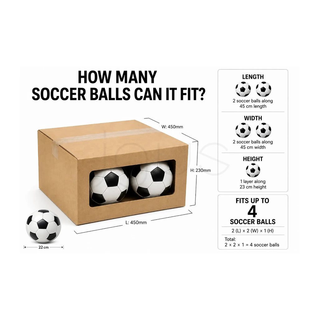 Cardboard box 45x45x23cm with soccer balls and dimensions on a white background