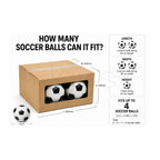 Cardboard box 45x45x23cm with soccer balls and dimensions on a white background