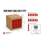 Cardboard box 45-45-45cm with red cans showing how many cans fit inside based on dimensions.