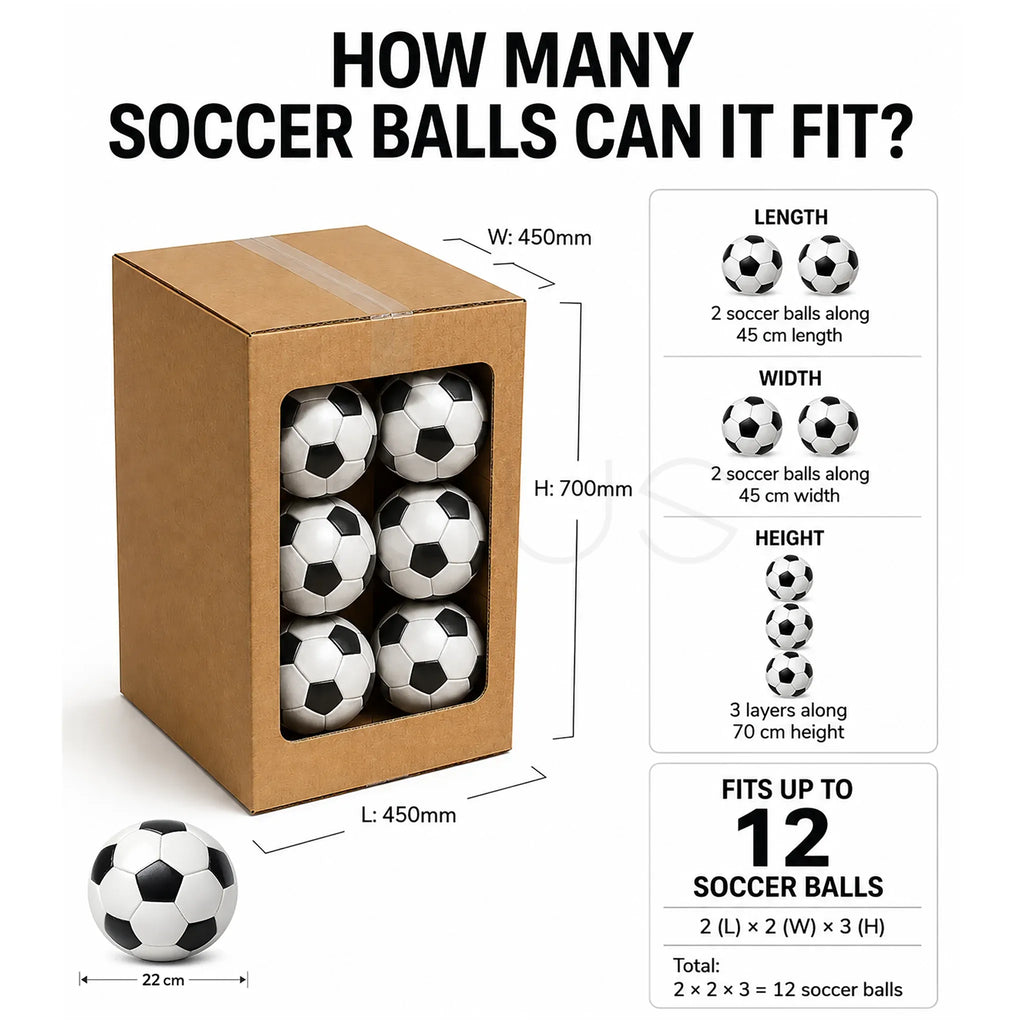 Cardboard box  45x45x70cm with soccer balls and measurements on a white background