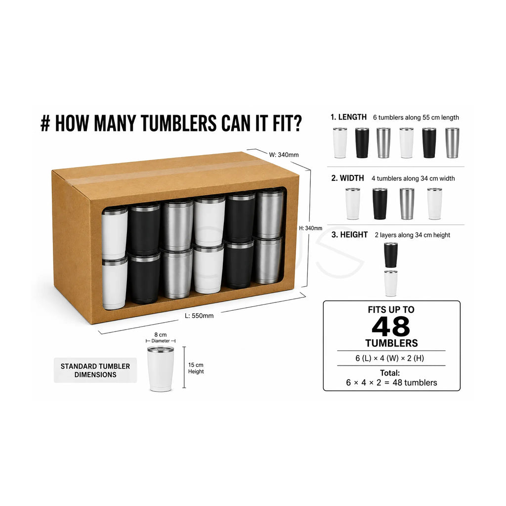 Storage box with tumbler arrangement and dimensions on a white background