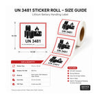UN 3481 lithium battery handling label roll with size guide on a white background