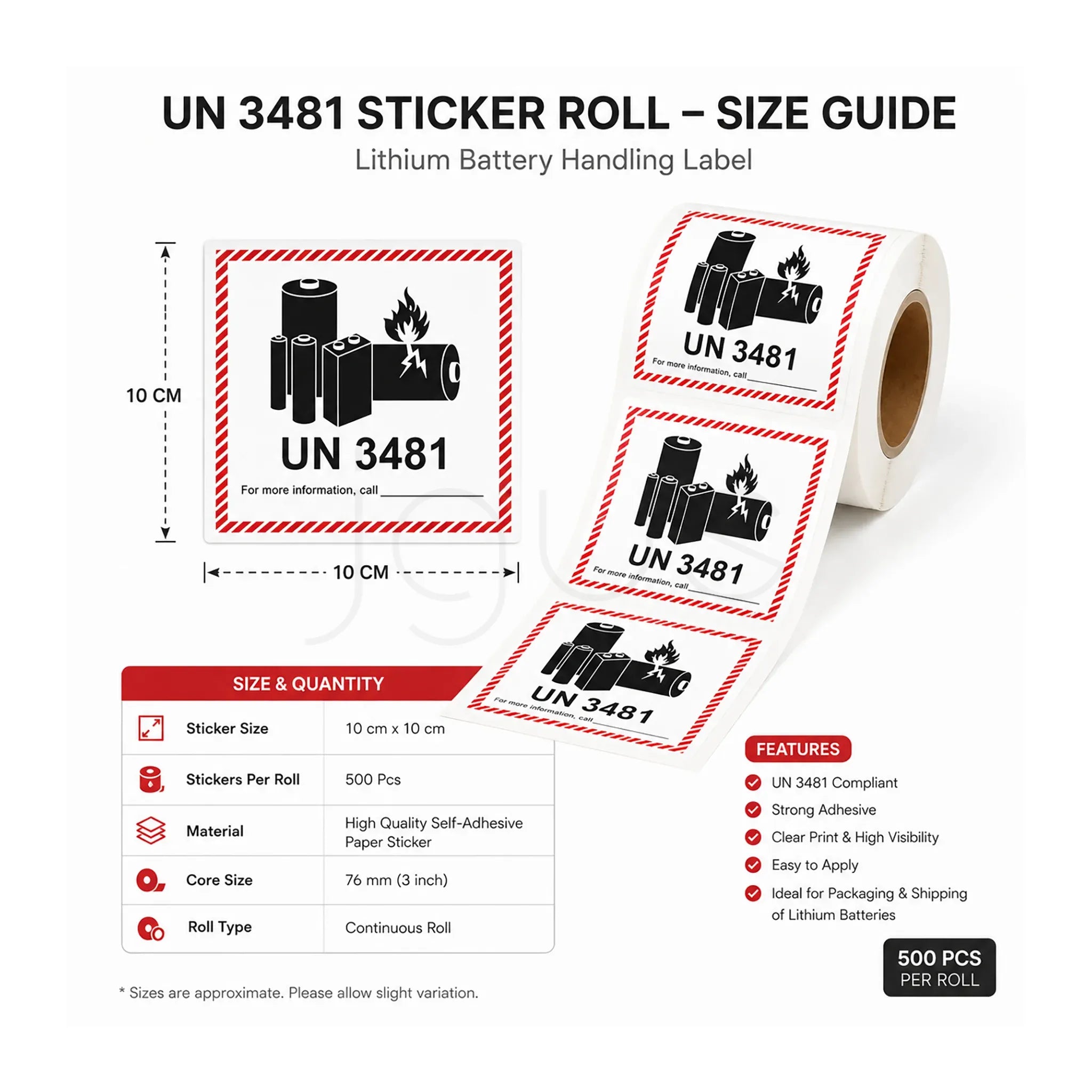 UN 3481 lithium battery handling label roll with size guide on a white background
