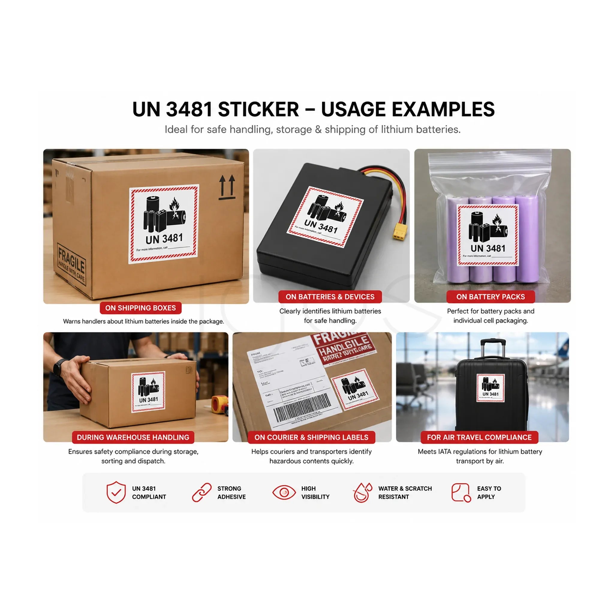 Usage examples of UN 3481 stickers on various items with text explaining their application.