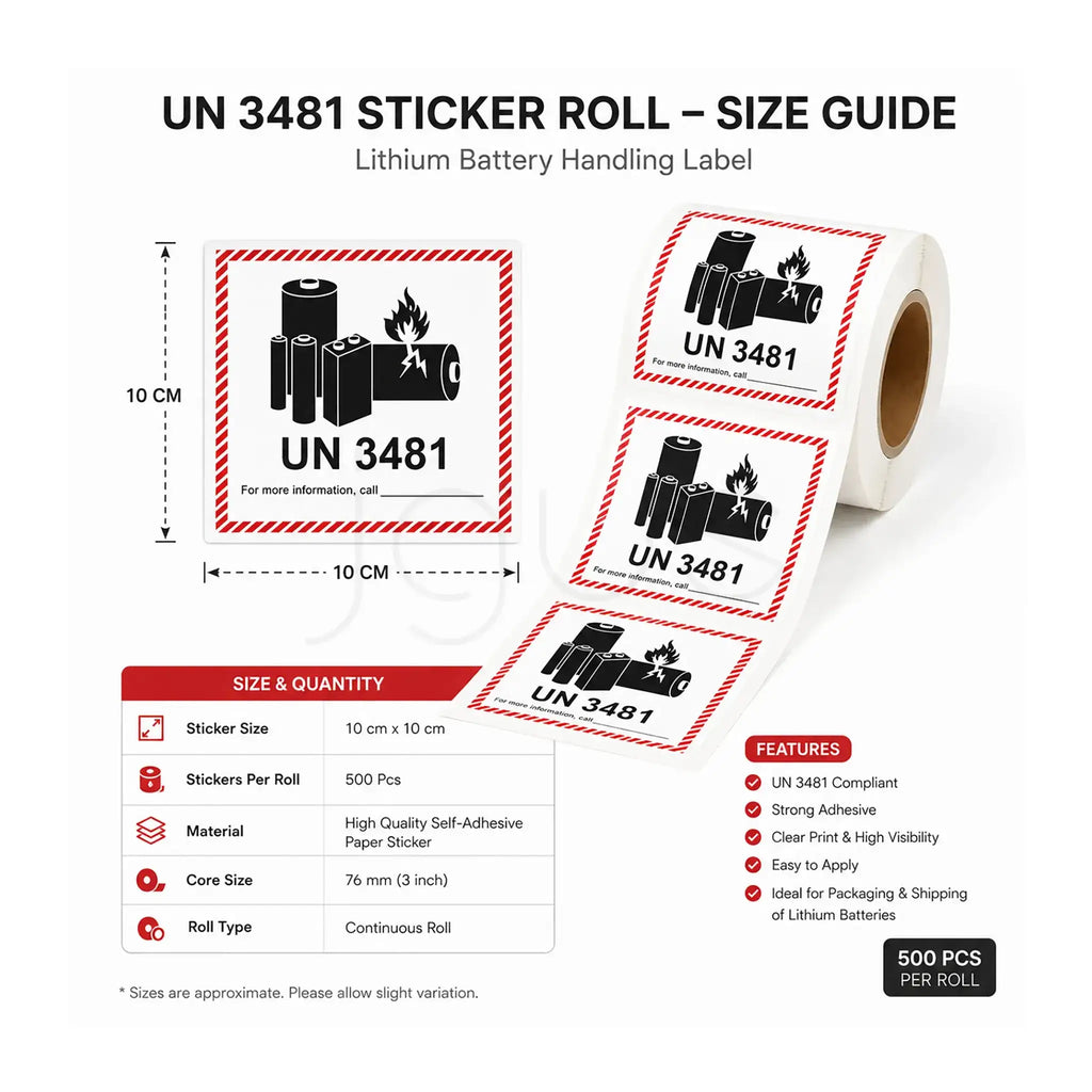UN 3481 lithium battery handling label roll with size guide on a white background
