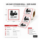UN 3481 lithium battery handling label roll with size guide on a white background