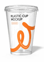 A clear plastic cup mockup with a transparent lid, featuring black text reading 'PLASTIC CUP MOCKUP' and a large orange abstract graphic on a white background.