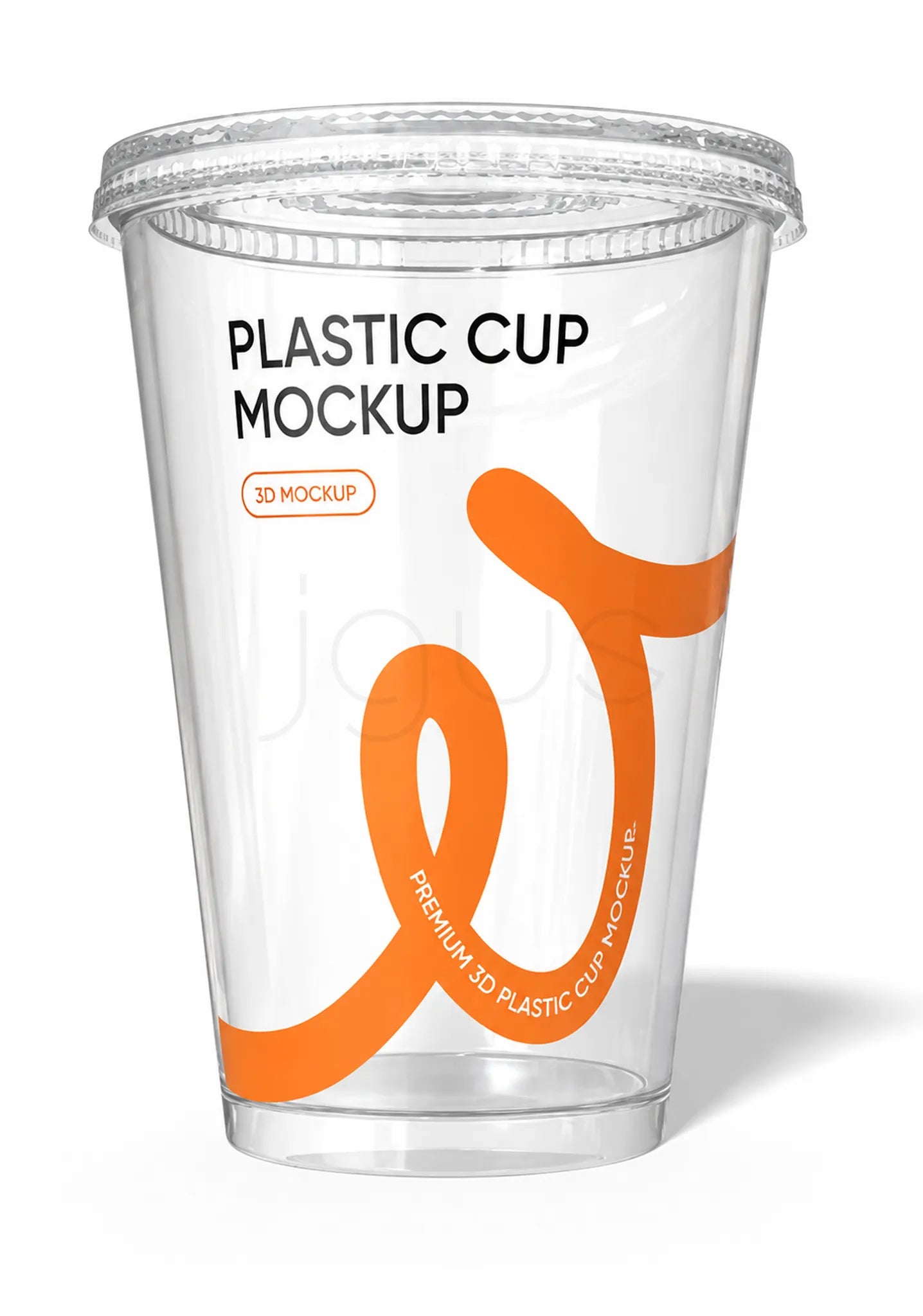 A clear plastic cup mockup with a transparent lid, featuring black text reading 'PLASTIC CUP MOCKUP' and a large orange abstract graphic on a white background.