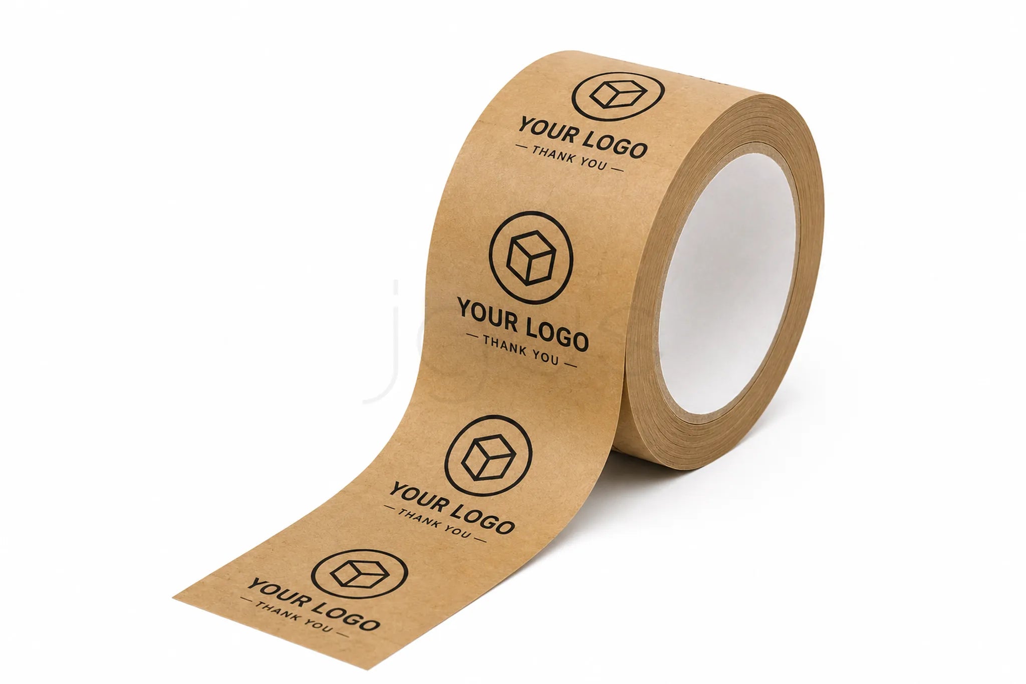A roll of brown kraft paper tape with a strip unrolled, printed with a black geometric logo and the placeholder text 'YOUR LOGO - THANK YOU'.
