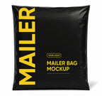A black mailer bag mockup with bold yellow text reading 'MAILER' vertically on the left side and 'YOUR LOGO MAILER BAG MOCKUP' on the front, shown on a white background.