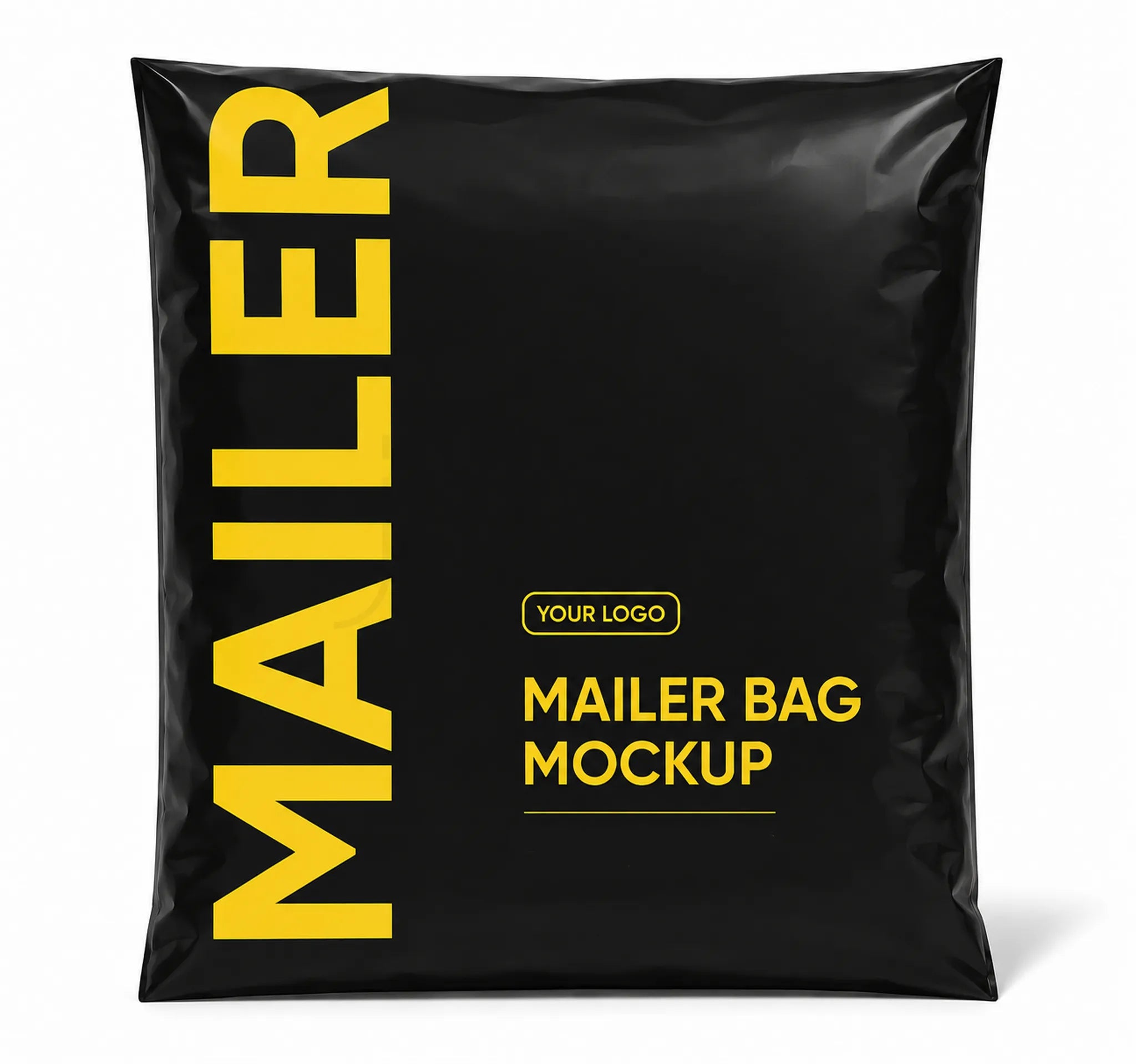 A black mailer bag mockup with bold yellow text reading 'MAILER' vertically on the left side and 'YOUR LOGO MAILER BAG MOCKUP' on the front, shown on a white background.