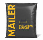A black mailer bag mockup with bold yellow text reading 'MAILER' vertically and 'MAILER BAG MOCKUP' with a placeholder logo, shown on a white background.
