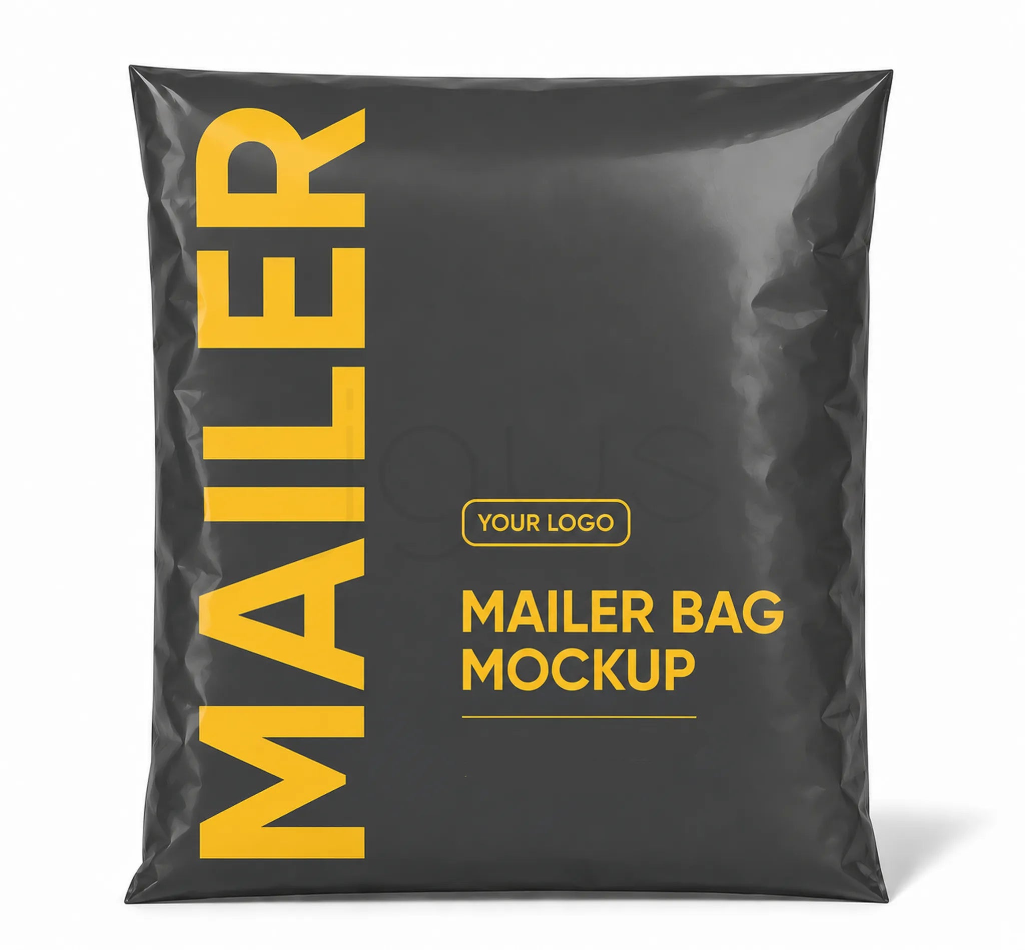 A black mailer bag mockup with bold yellow text reading 'MAILER' vertically and 'MAILER BAG MOCKUP' with a placeholder logo, shown on a white background.