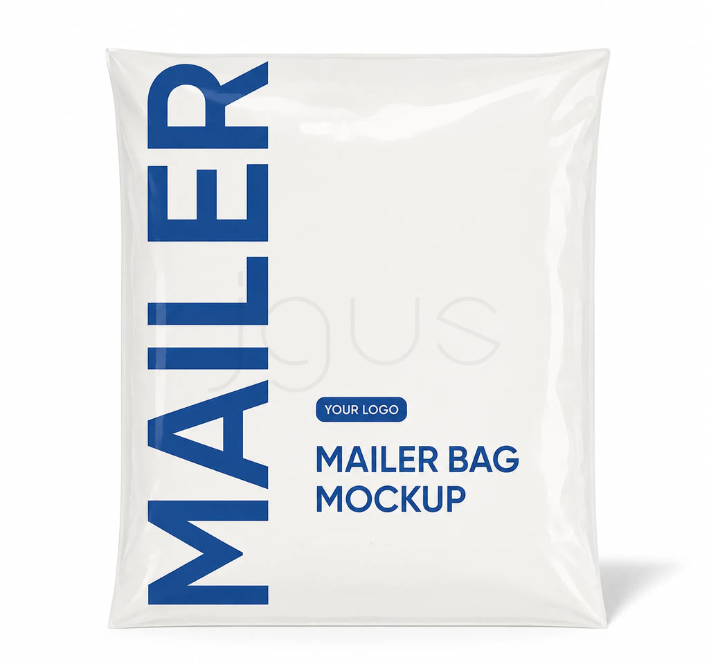 A white mailer bag mockup with blue text reading 'MAILER' vertically on the left and 'MAILER BAG MOCKUP' with a small 'YOUR LOGO' label on the front, shown on a light gray background.