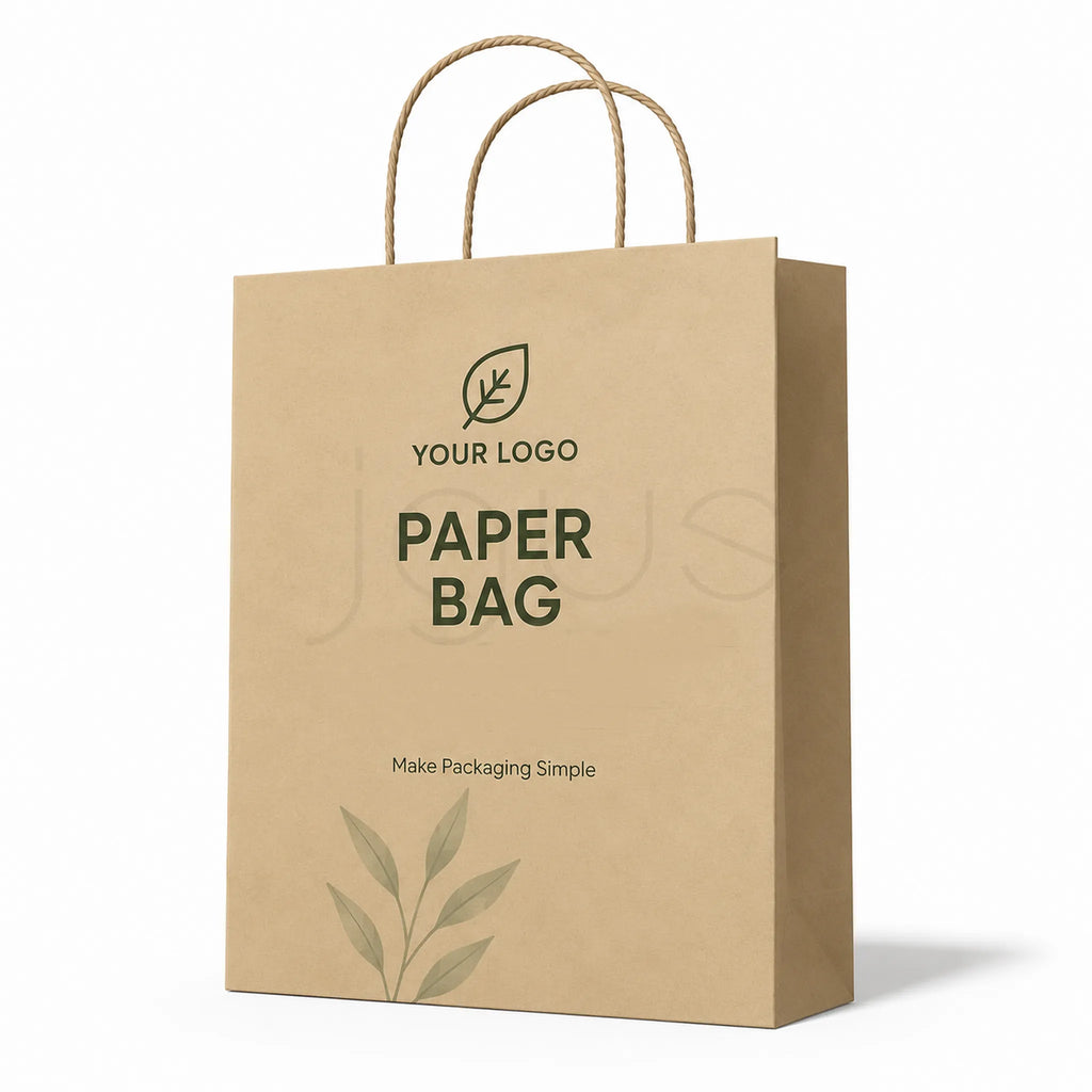 A brown kraft paper shopping bag with twisted rope handles, featuring placeholder branding and the words 'PAPER BAG' printed on the front, set against a plain white background.