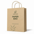 A brown kraft paper shopping bag with twisted rope handles, featuring placeholder branding and the words 'PAPER BAG' printed on the front, set against a plain white background.