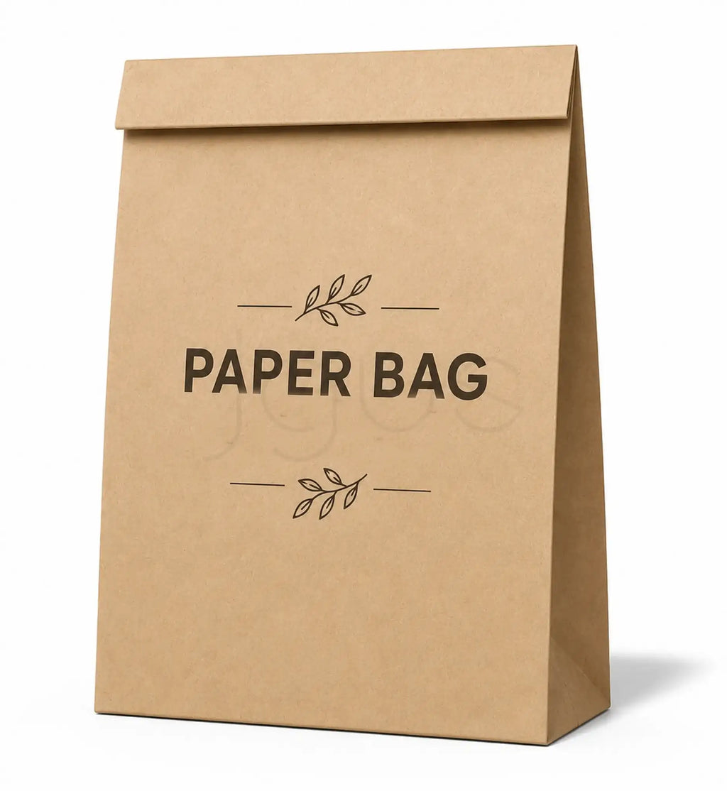 A brown kraft paper bag with 'PAPER BAG' printed in black text on the front, shown on a clean white background.