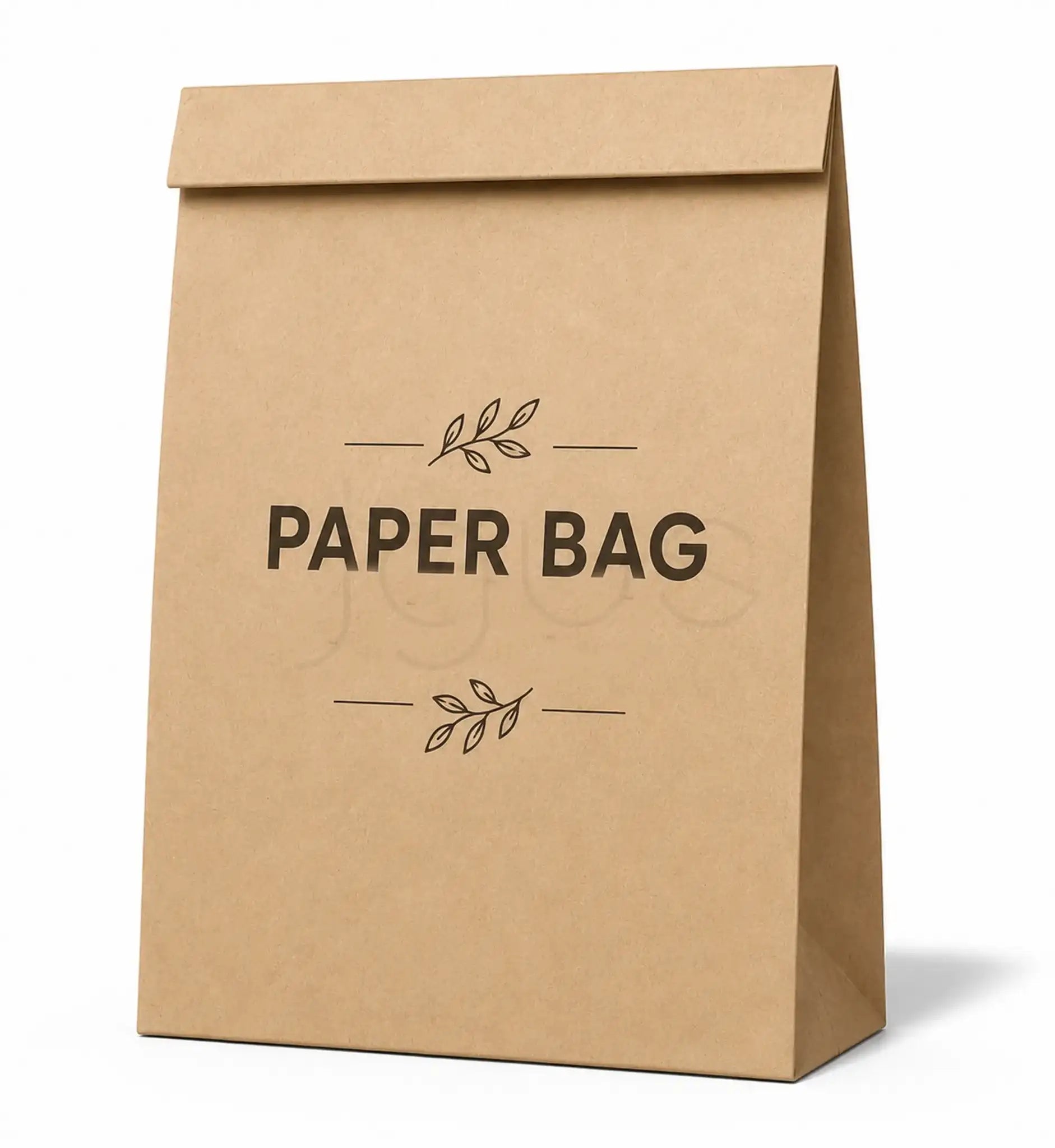 A brown kraft paper bag with 'PAPER BAG' printed in black text on the front, shown on a clean white background.