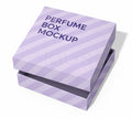 A lavender and light purple striped perfume box mockup with the text 'PERFUME BOX MOCKUP' printed on the lid, shown on a white background.