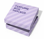 A lavender and light purple striped perfume box mockup with the text 'PERFUME BOX MOCKUP' printed on the lid, shown on a white background.
