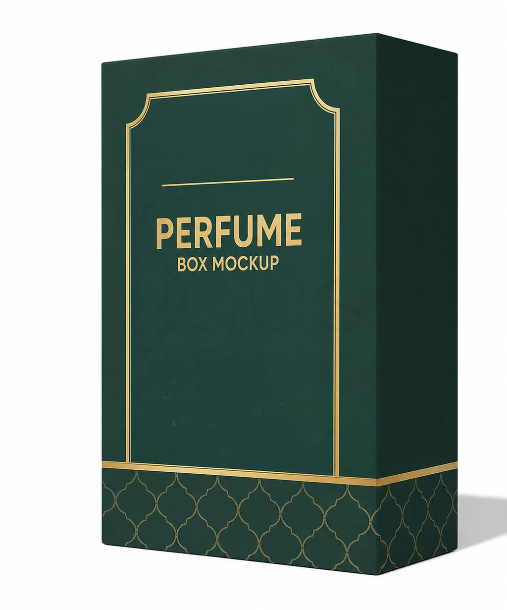A dark green rectangular box mockup with elegant gold border lines and the text 'PERFUME BOX MOCKUP' on the front, shown on a clean white background.