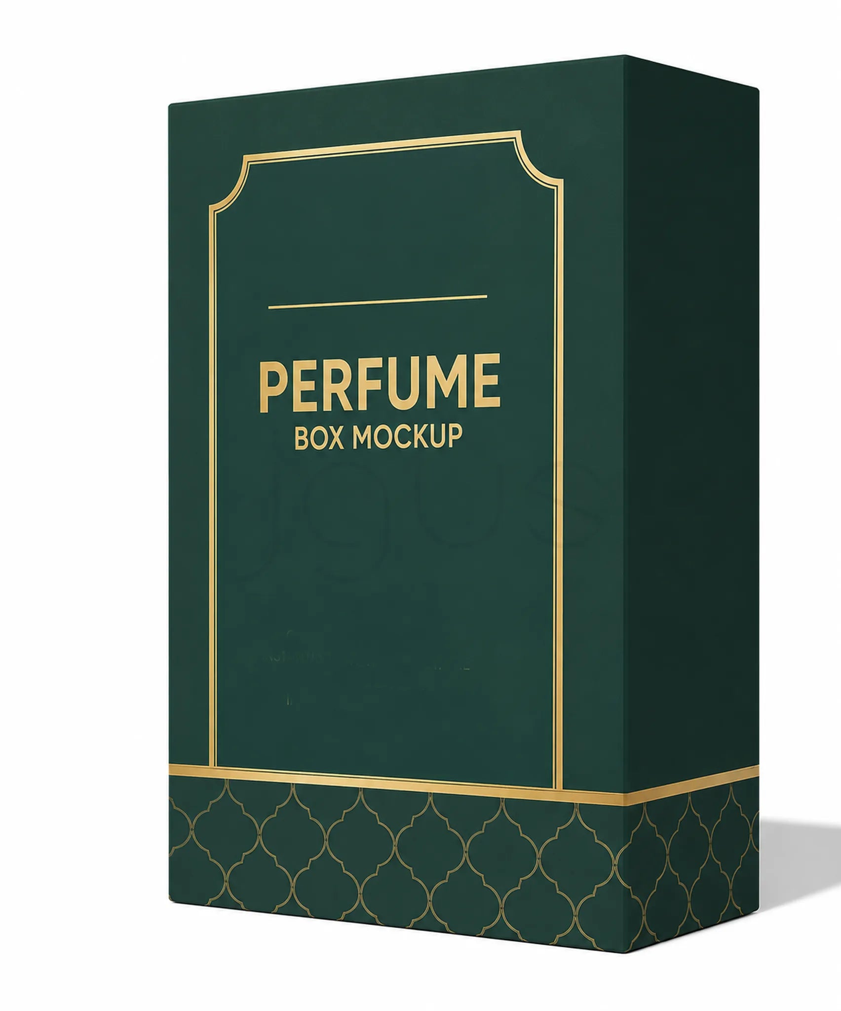 A dark green rectangular box mockup with elegant gold border lines and the text 'PERFUME BOX MOCKUP' on the front, shown on a clean white background.