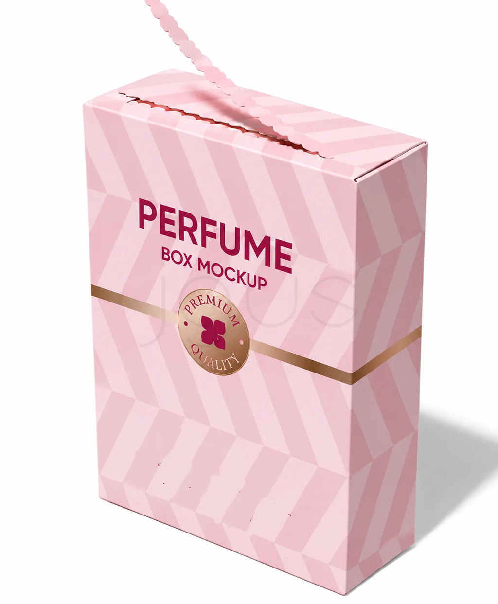 A pink cardboard perfume box mockup with a top handle, featuring diagonal stripes, a gold horizontal band, and a round gold seal that reads 'PREMIER QUALITY'. The words 'PERFUME BOX MOCKUP' are printed on the front, set against a clean white background with a soft shadow.