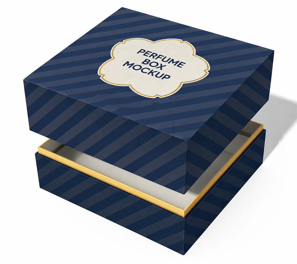 A luxury perfume box mockup with a navy blue and dark blue diagonal striped pattern, featuring a cream-colored label on the lid that reads 'PERFUME BOX MOCKUP' and a gold inner lining.