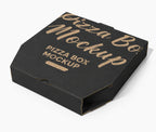 A black cardboard pizza box mockup with gold foil-style lettering that reads 'Pizza Box Mockup' and 'Pizza Box Mockup' on a clean white background.