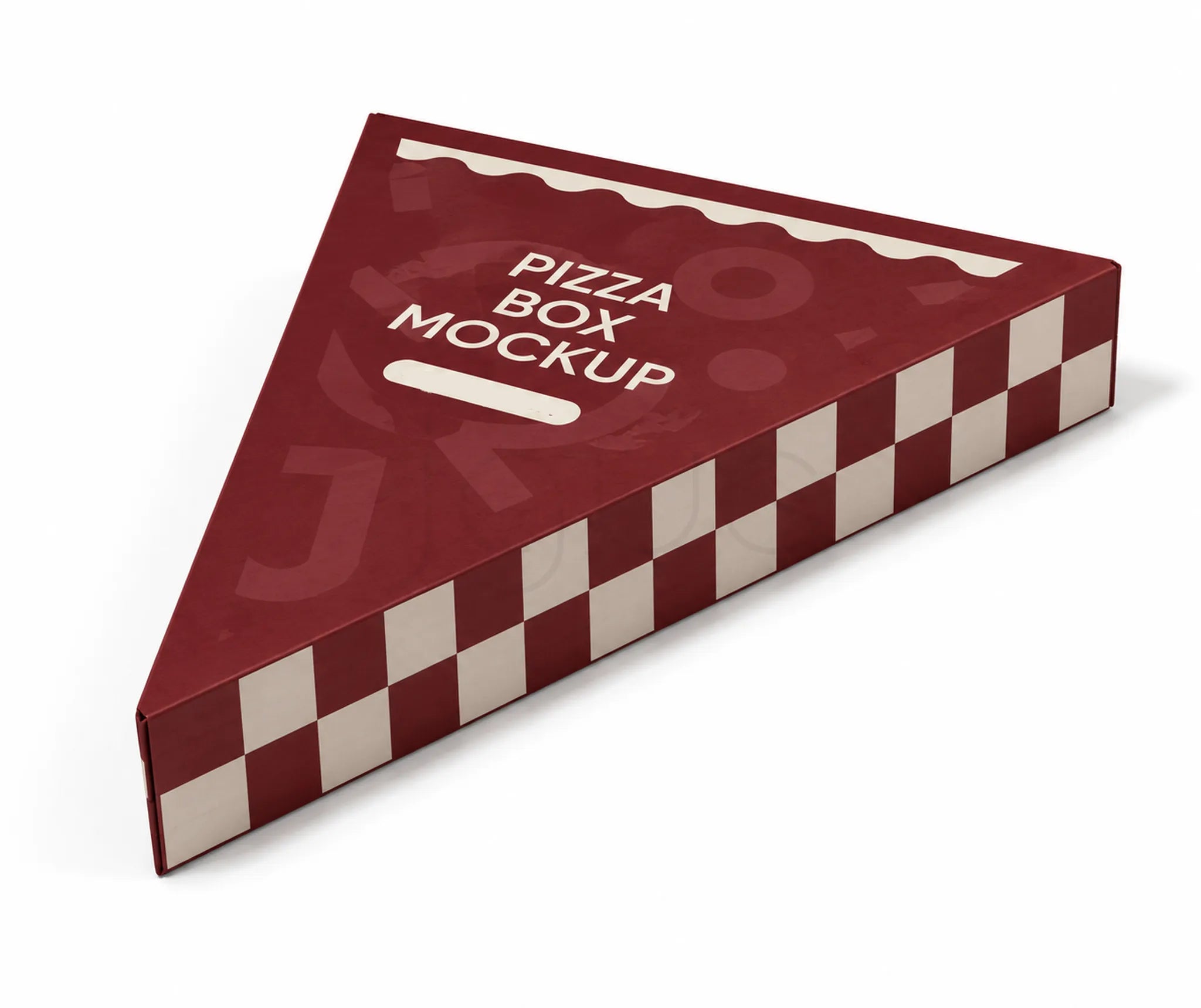 A triangular pizza box mockup on a white background, featuring a dark red and cream checkerboard pattern with the text 'PIZZA BOX MOCKUP' on the top face.