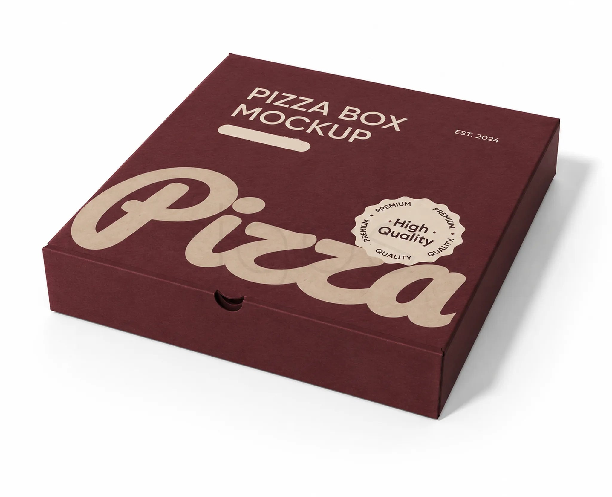 A square pizza box mockup in dark burgundy with beige printed text reading 'Pizza' and 'PIZZA BOX MOCKUP,' plus a small 'High Quality' seal, shown on a clean white background.