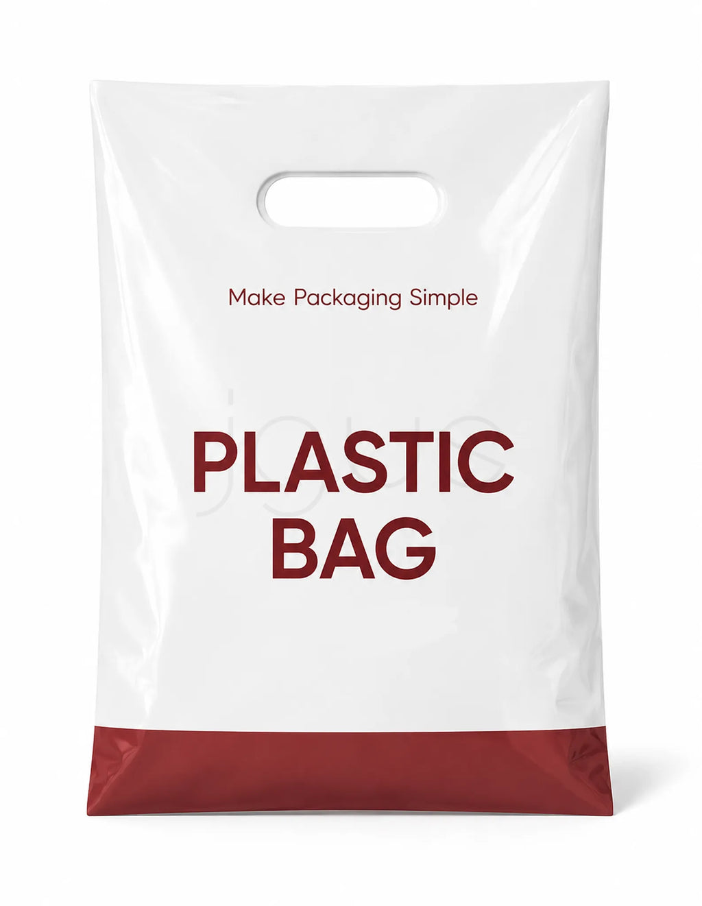 A white plastic shopping bag with a handle, featuring the text 'Make Packaging Simple' in dark red and 'PLASTIC BAG' in large dark red letters, with a dark red bottom band, on a white background.