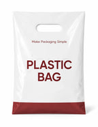 A white plastic shopping bag with a handle, featuring the text 'Make Packaging Simple' in dark red and 'PLASTIC BAG' in large dark red letters, with a dark red bottom band, on a white background.