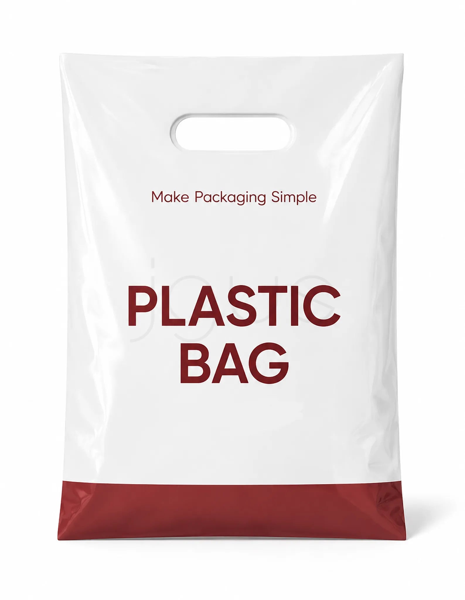 A white plastic shopping bag with a handle, featuring the text 'Make Packaging Simple' in dark red and 'PLASTIC BAG' in large dark red letters, with a dark red bottom band, on a white background.