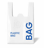 A white plastic shopping bag with blue text reading 'PLASTIC BAG' and a large vertical 'BAG' on the right side, shown on a light gray background.