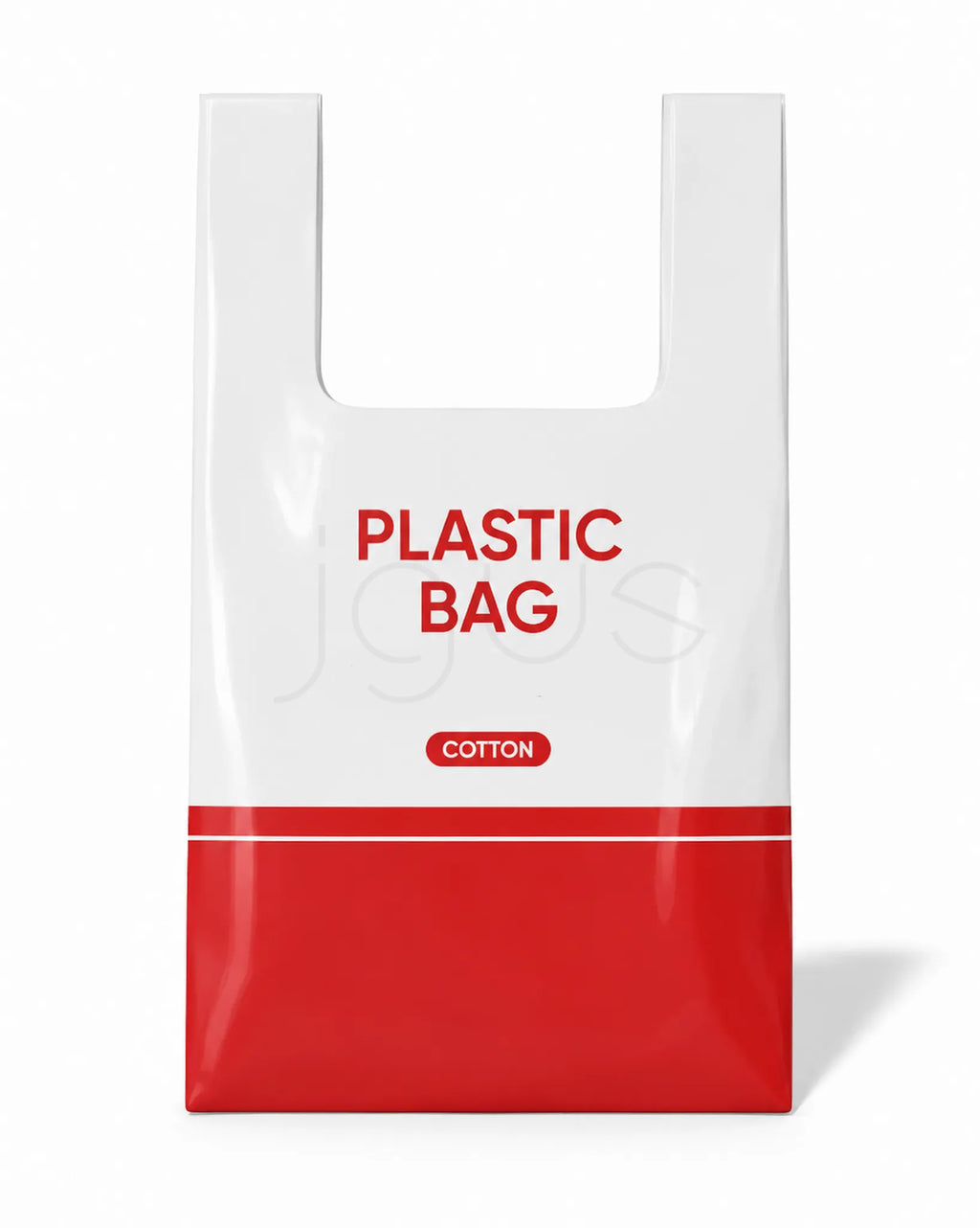 A white and red reusable plastic bag with 'PLASTIC BAG' and 'COTTON' printed on the front, shown on a clean white background.