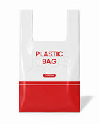 A white and red reusable plastic bag with 'PLASTIC BAG' and 'COTTON' printed on the front, shown on a clean white background.