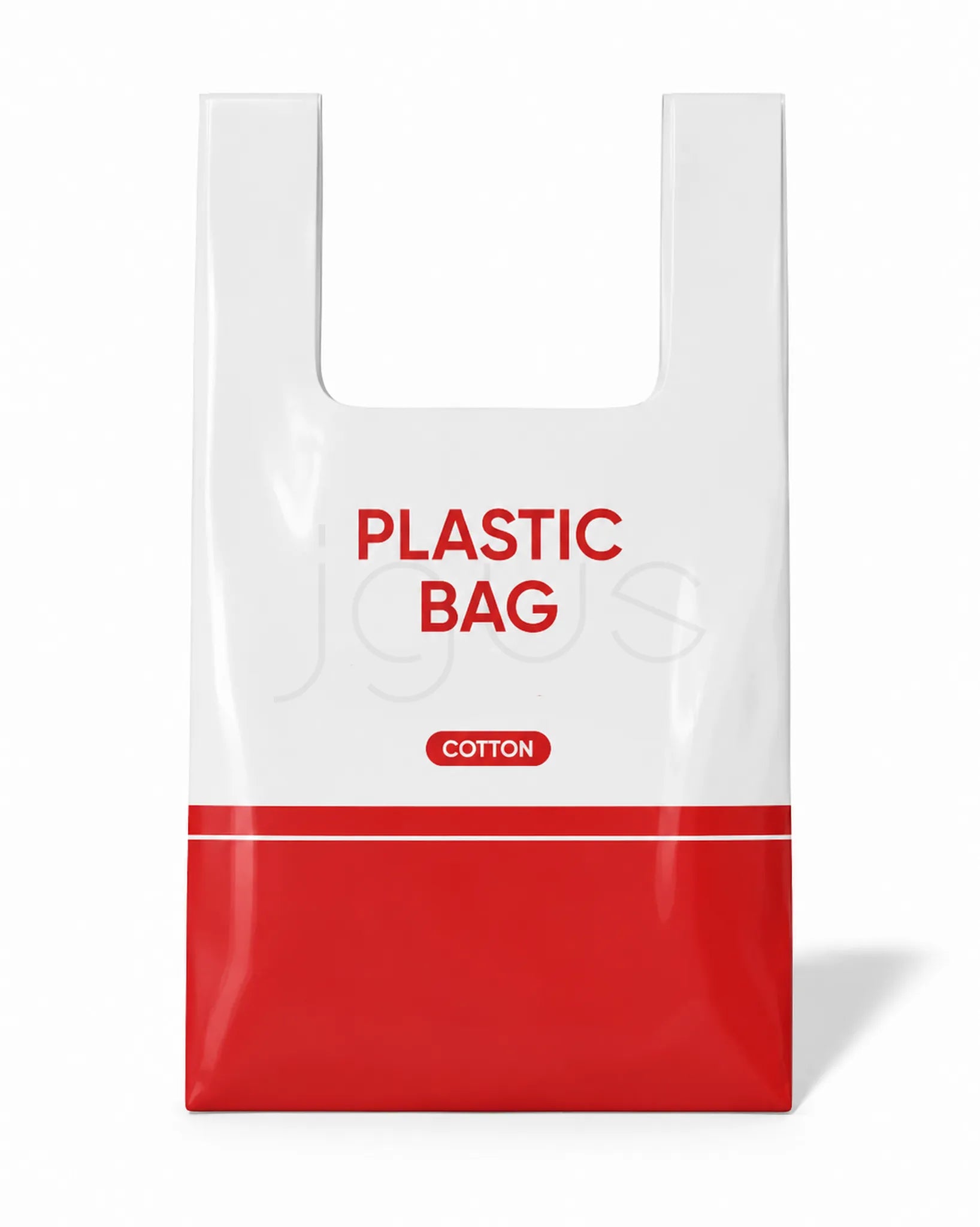 A white and red reusable plastic bag with 'PLASTIC BAG' and 'COTTON' printed on the front, shown on a clean white background.