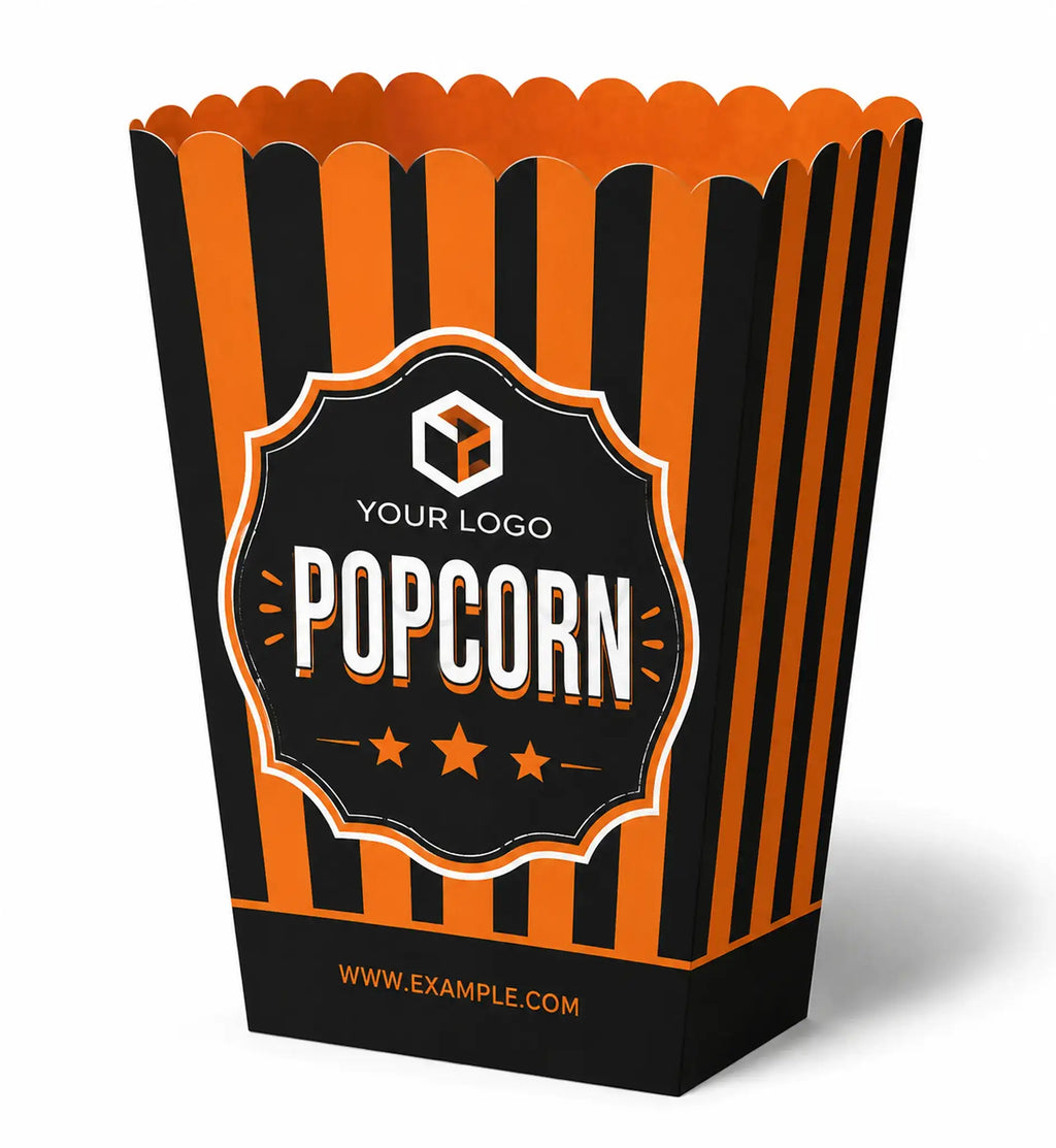 A scalloped popcorn box with bold orange and black vertical stripes, featuring a central black label with the word 'POPCORN' and placeholder branding text.